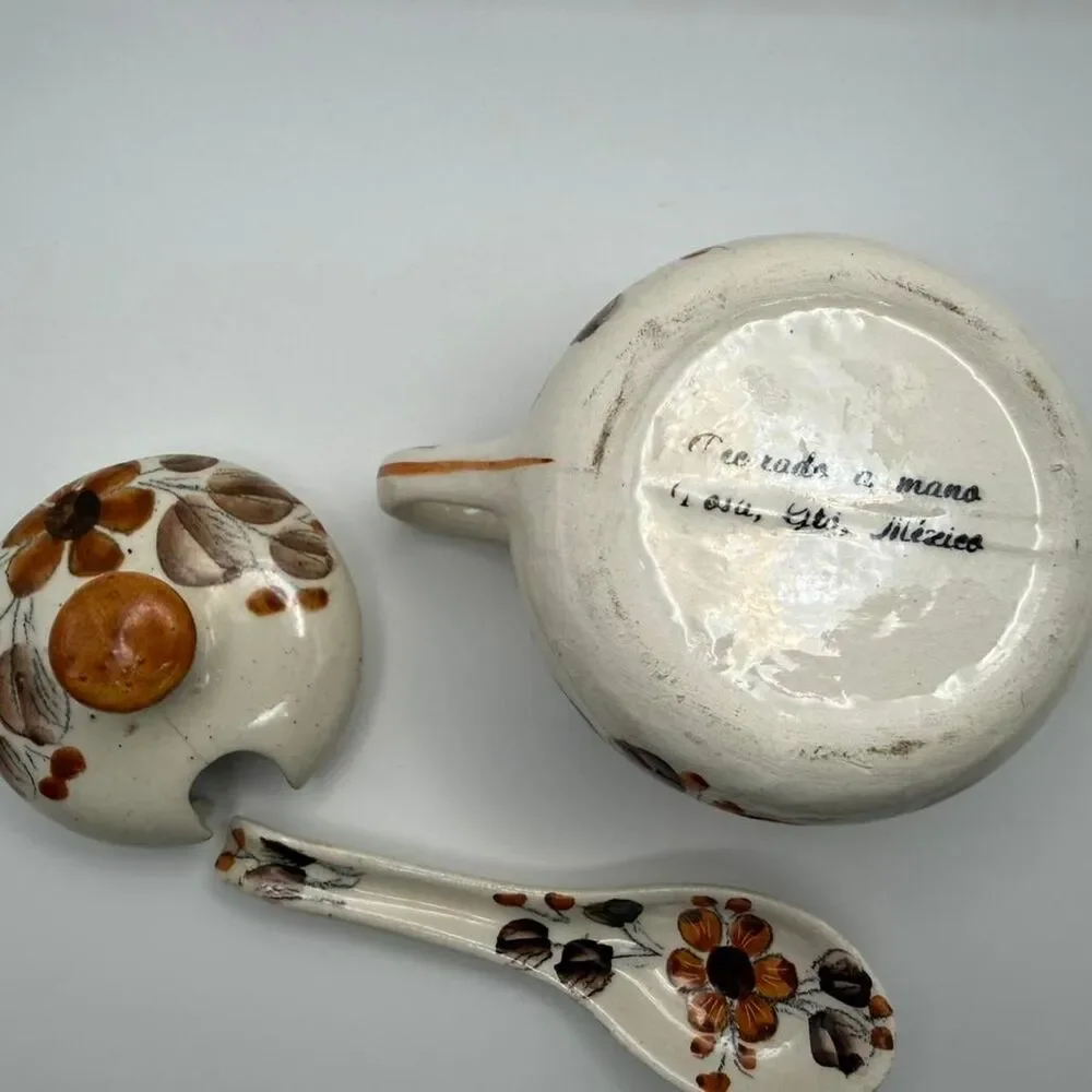 Vintage Authentic Mexican Folk Art Rare 3 piece sugar bowl set